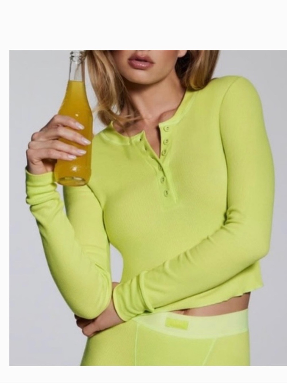 NWT Skims Neon Lime Ribbed Henley Long Sleeve Top-Size XS